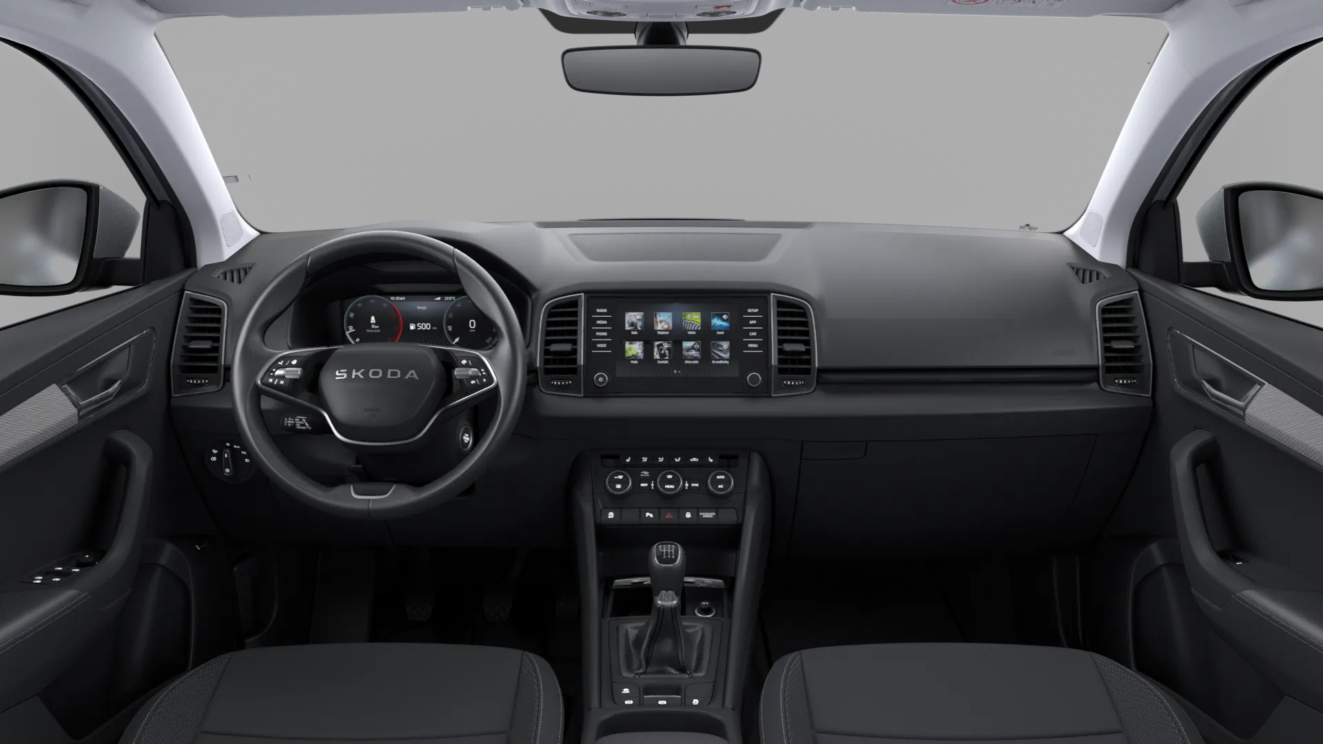 Karoq, Top Selection, Stříbrná Smokey Diamond metalíza, interiér Suite hnědý Mocca, dashboard