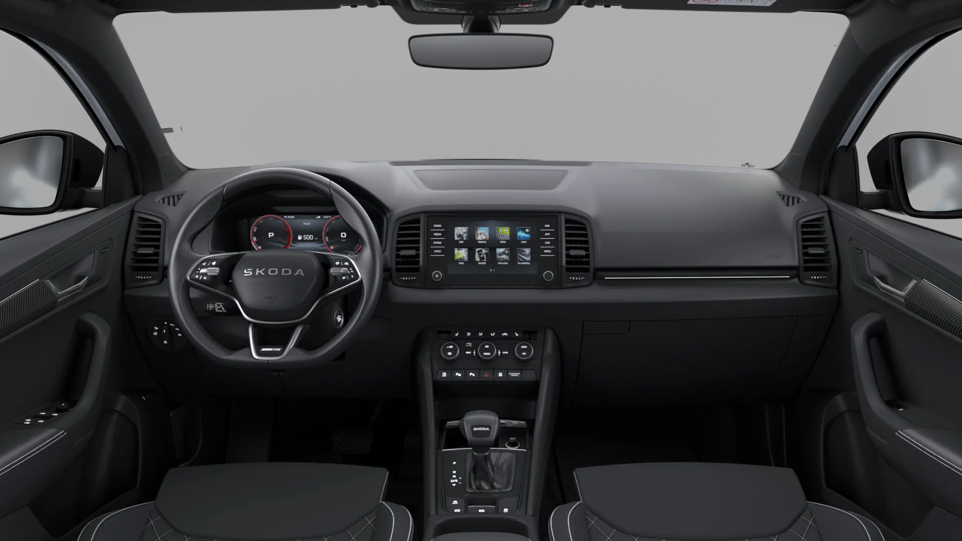 Karoq, Sportline, Bílá Moon metalíza, interiér Sportline, dashboard