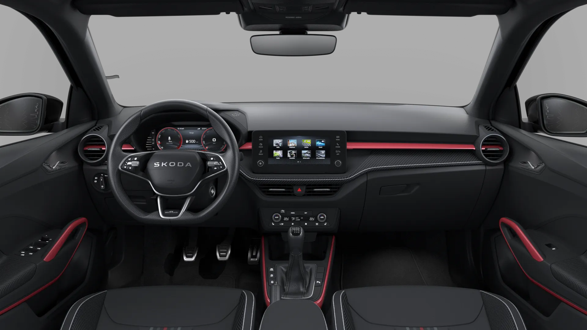 Fabia, Monte Carlo, Černá Magic metalíza, interiér Sportovní s černým stropem, dashboard