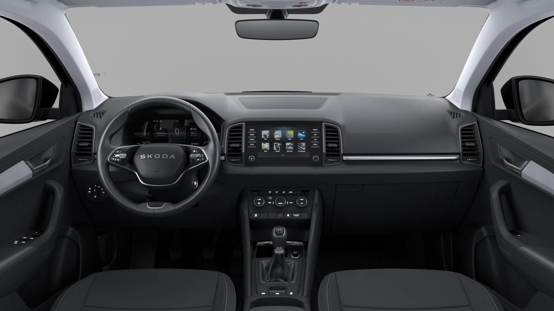Karoq, Selection, Černá Magic metalíza, interiér Loft, dashboard