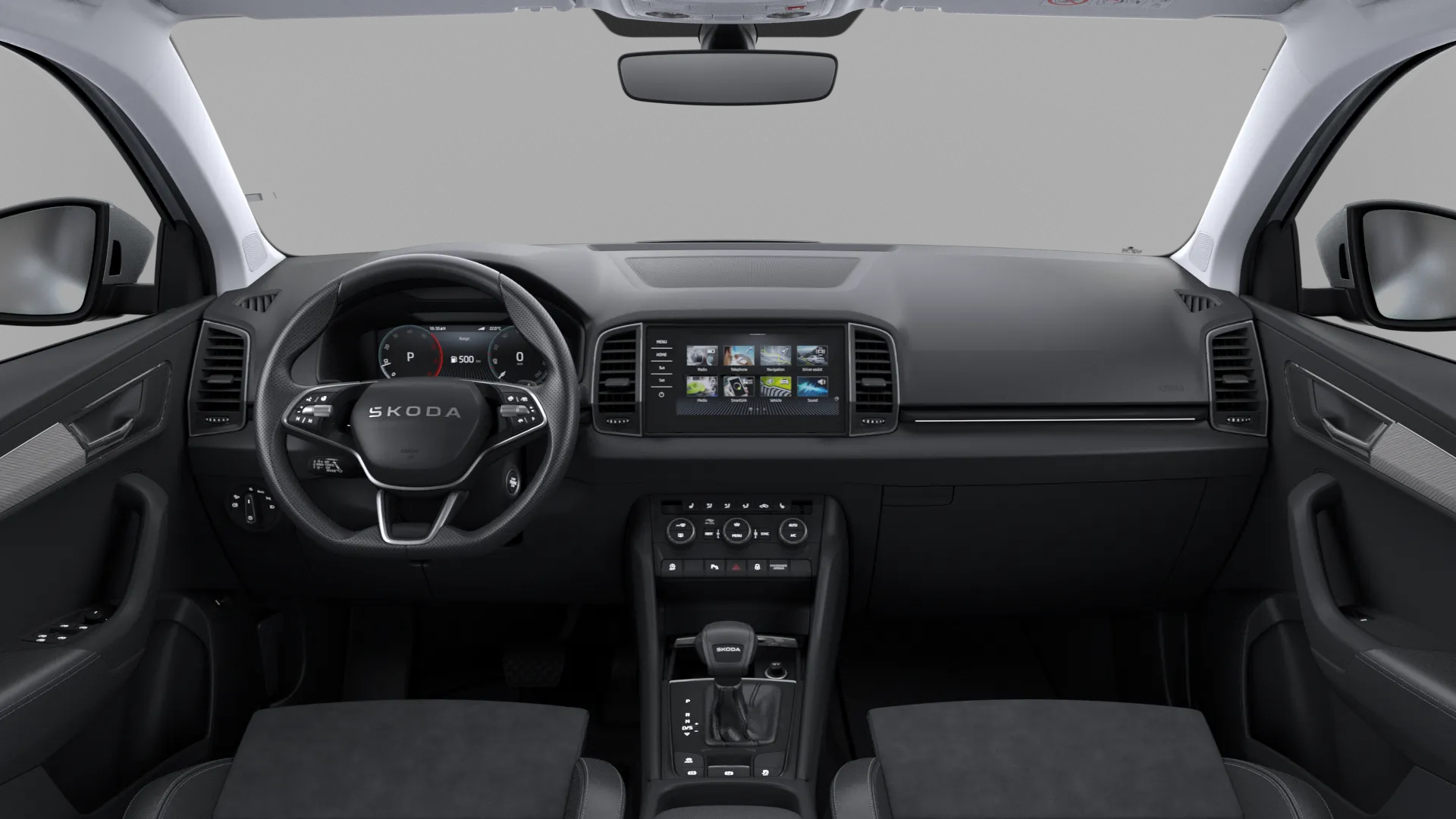 Karoq, Dynamic, Stříbrná Smokey Diamond metalíza, interiér Lounge, dashboard