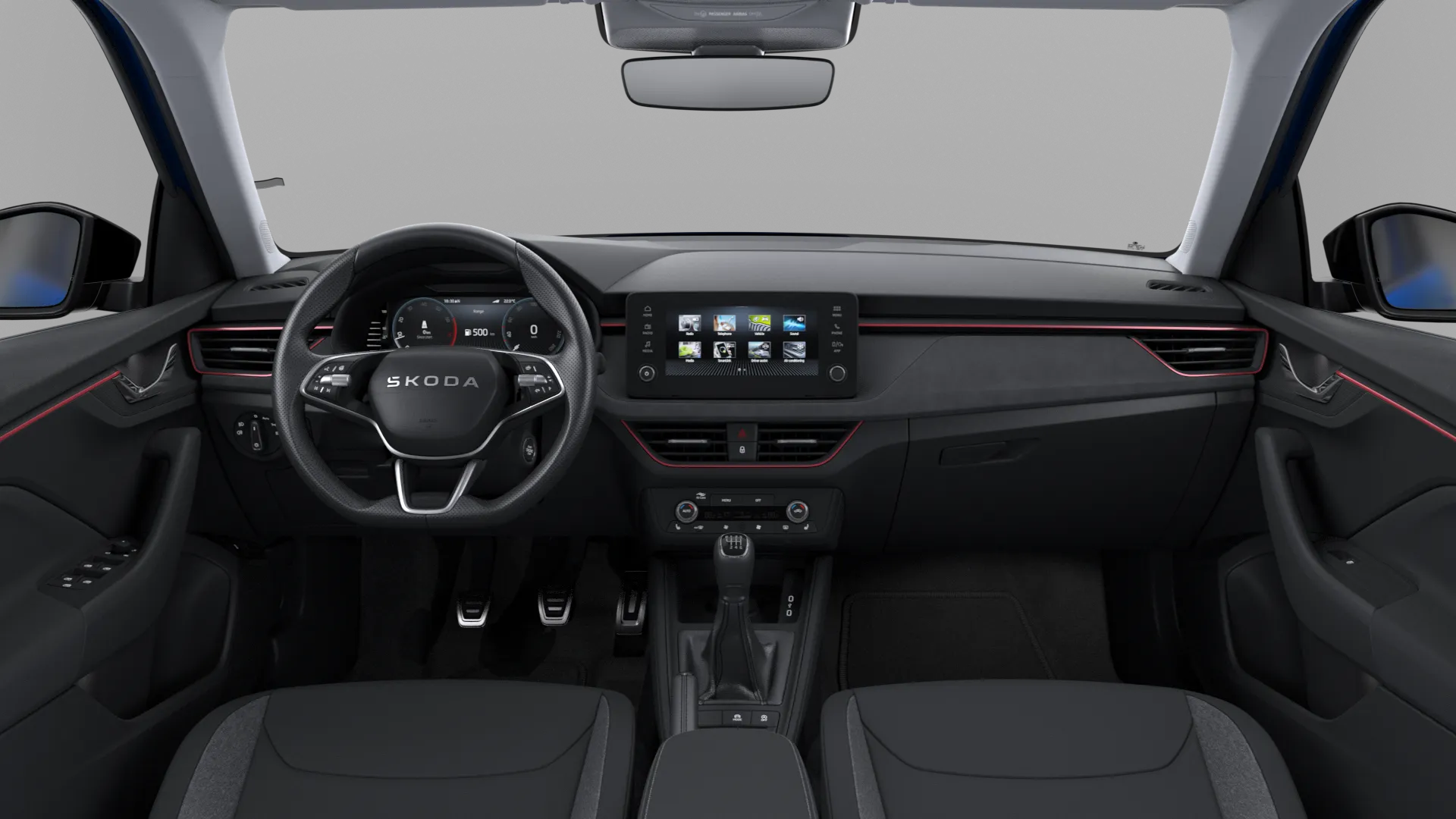 Kamiq, Dynamic, Modrá Race metalíza, interiér Lodge, dashboard
