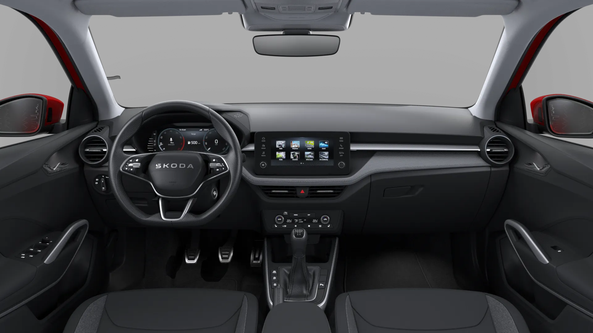 Fabia, Dynamic, Červená Velvet metalíza, interiér Lodge, dashboard