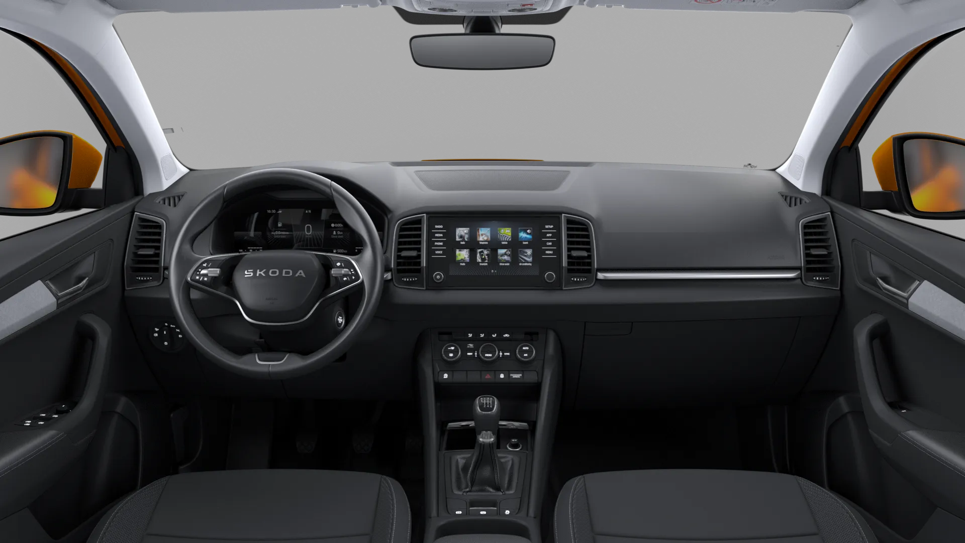 Karoq, Selection, Oranžová Phoenix metalíza, interiér Loft, dashboard