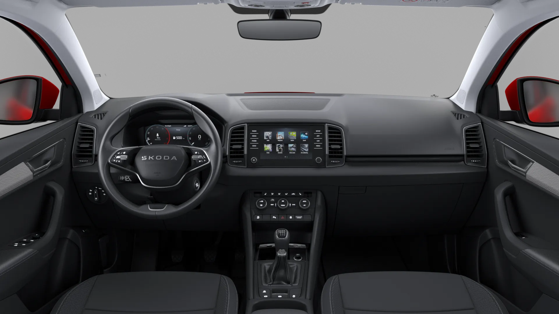 Karoq, Top Selection, Červená Velvet metalíza, interiér Suite hnědý Mocca, dashboard