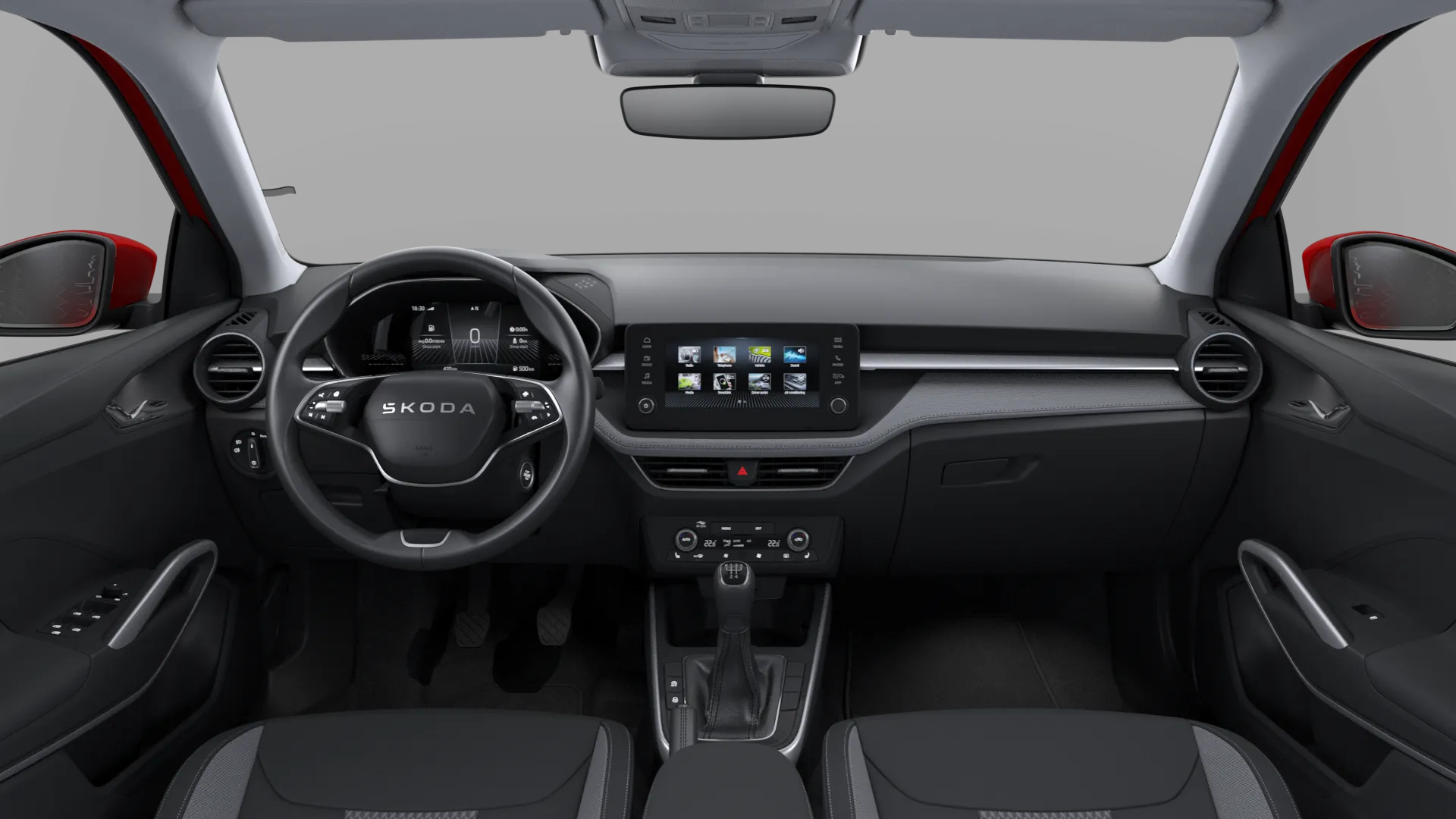 Fabia, Top Selection, Červená Velvet metalíza, interiér Lodge, dashboard