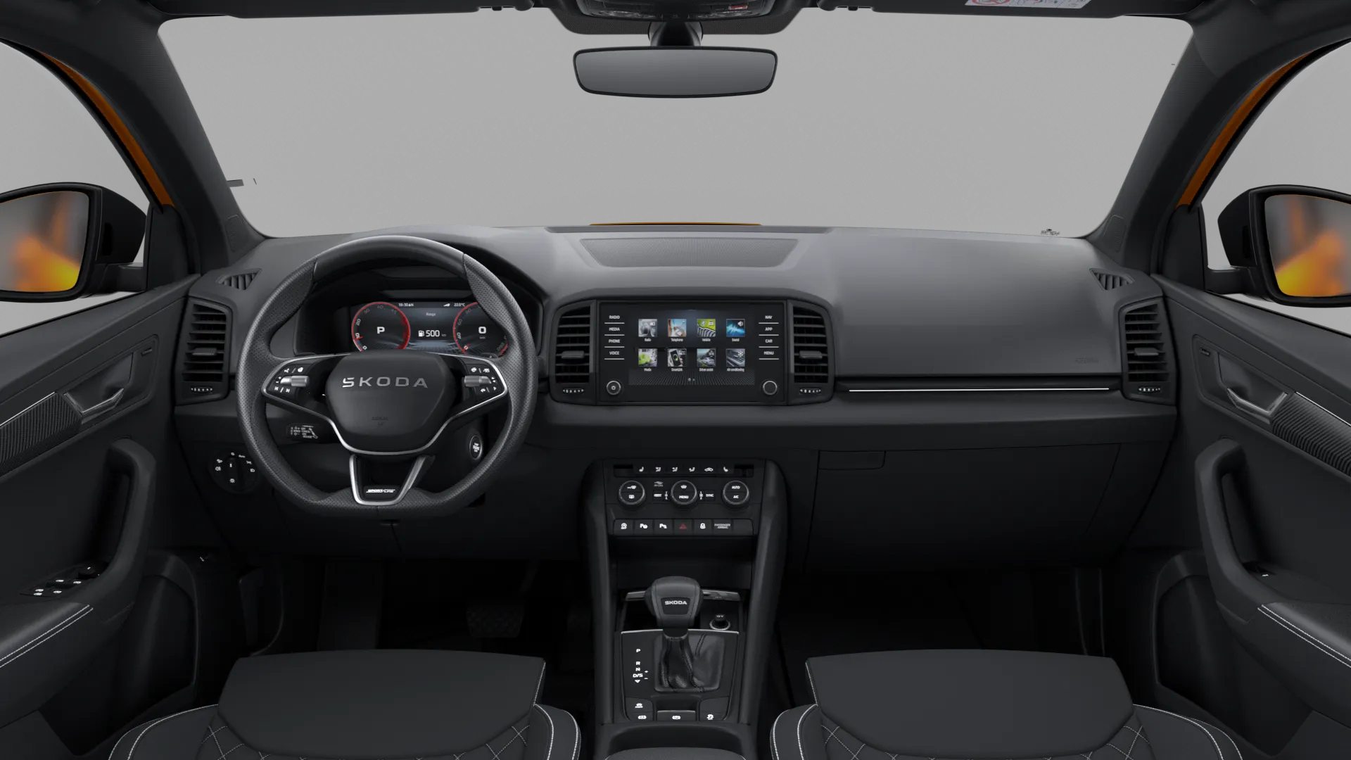 Karoq, Sportline, Oranžová Phoenix metalíza, interiér Sportline, dashboard