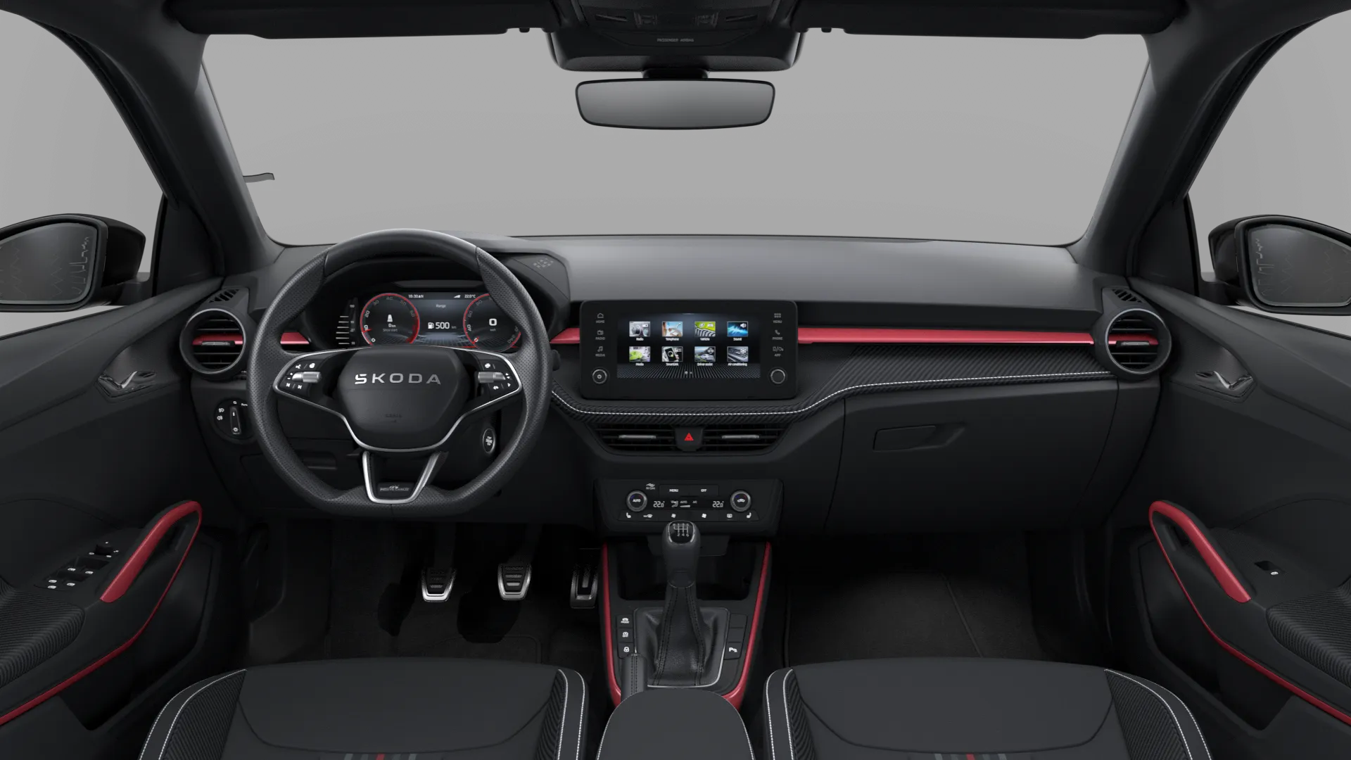 Fabia, Monte Carlo, Šedá Graphite metalíza Černá Magic metalíza, interiér Sportovní s černým stropem, dashboard