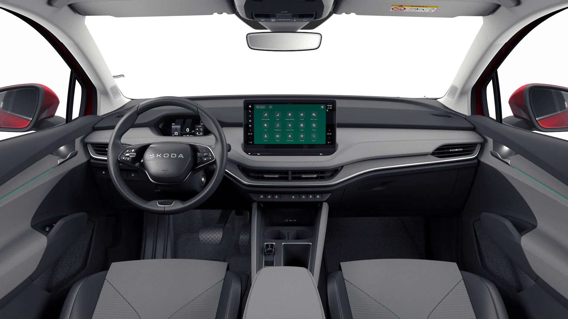 Enyaq Coupé, Selection, Červená Velvet metalíza, interiér Loft, dashboard