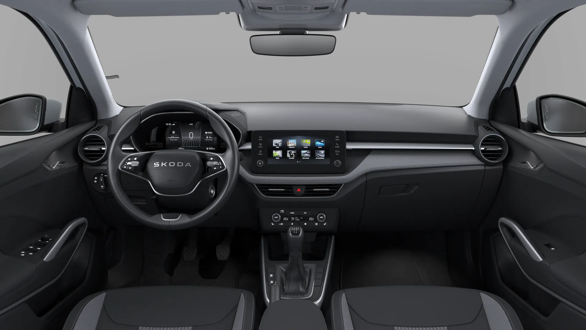 Fabia, Top Selection, Bílá Moon metalíza, interiér Lodge, dashboard