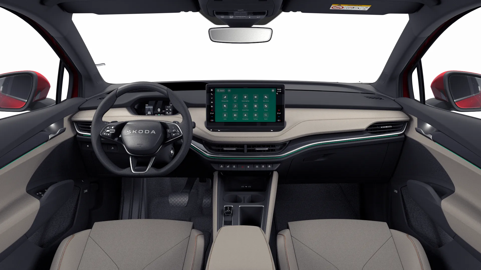 Enyaq Coupé, L&K, Červená Velvet metalíza, interiér L&K béžový, dashboard