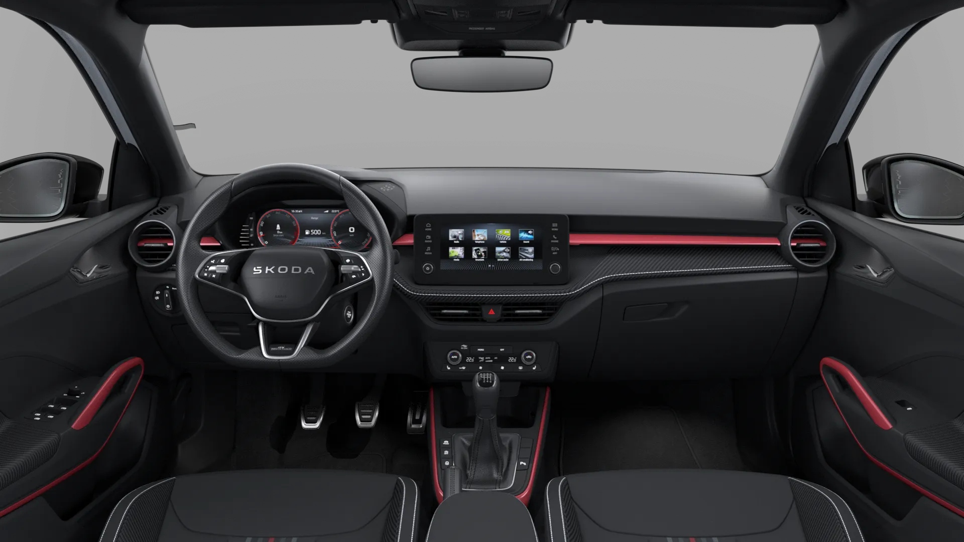 Fabia, Monte Carlo, Bílá Moon metalíza Černá Magic metalíza, interiér Sportovní s černým stropem, dashboard