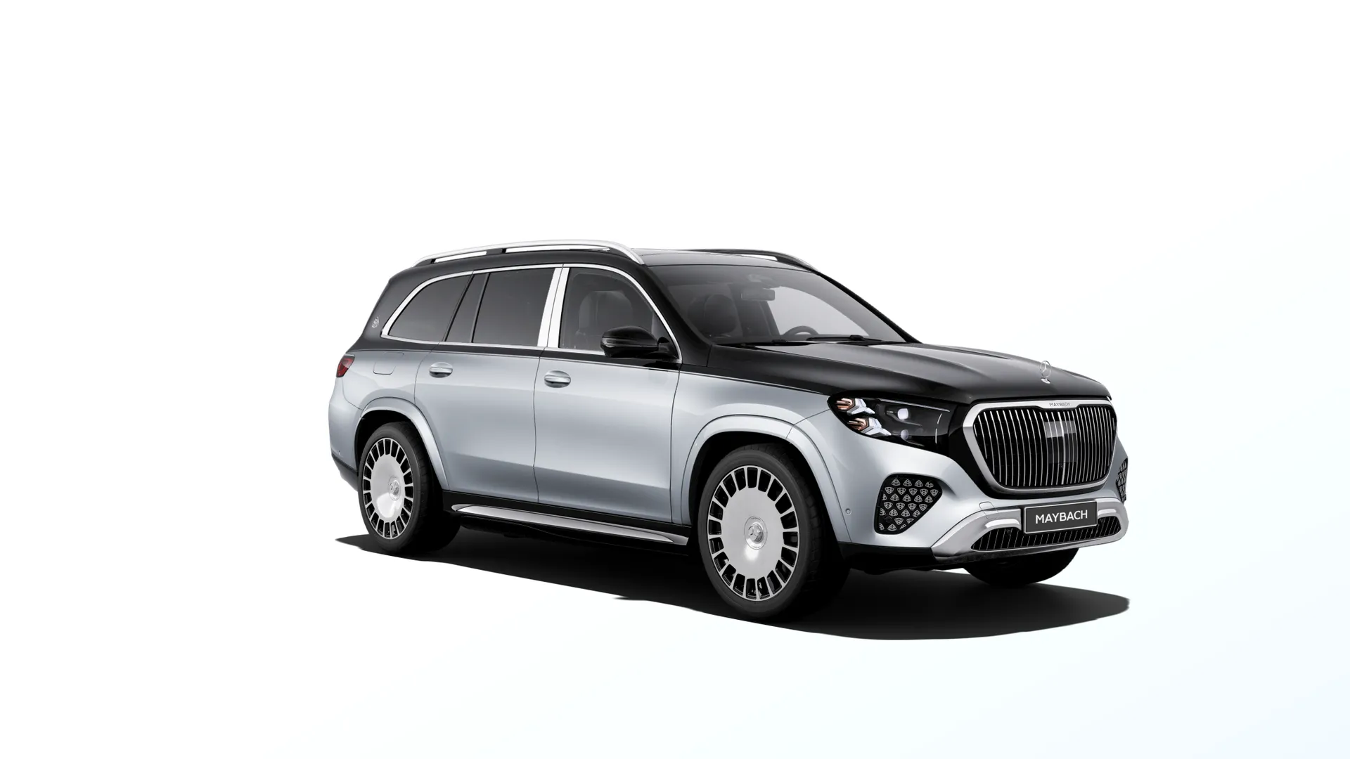 Mercedes-Maybach GLS (X167-fl2), Ozdobné výplně interiéru Exclusive, Dvoubarevné metalické lakování Maybach - stříbrná high-tech/černá obsidian, front