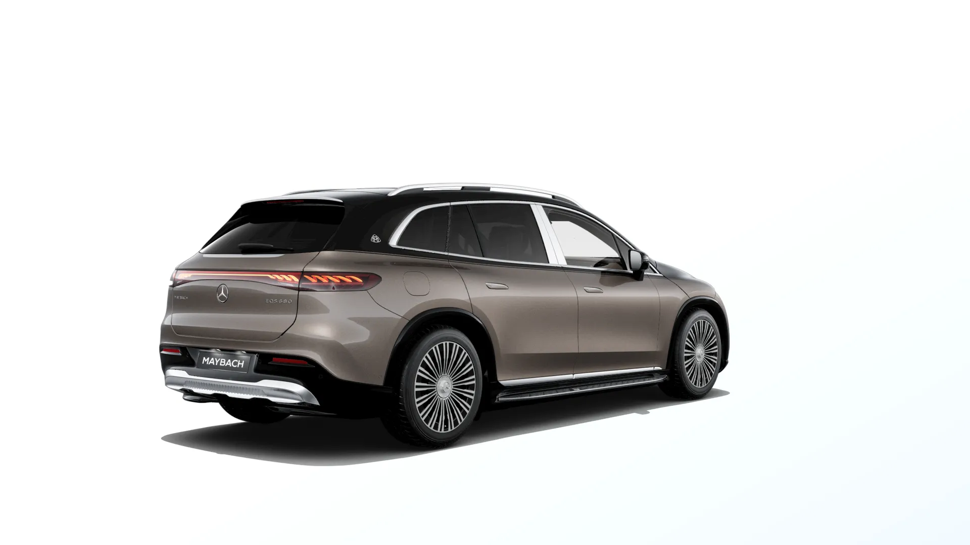 Mercedes-Maybach EQS SUV (Z296), Ozdobné výplně interiéru Exclusive, Dvoubarevné metalické lakování Maybach - hnědá velvet/černá onyx, rear