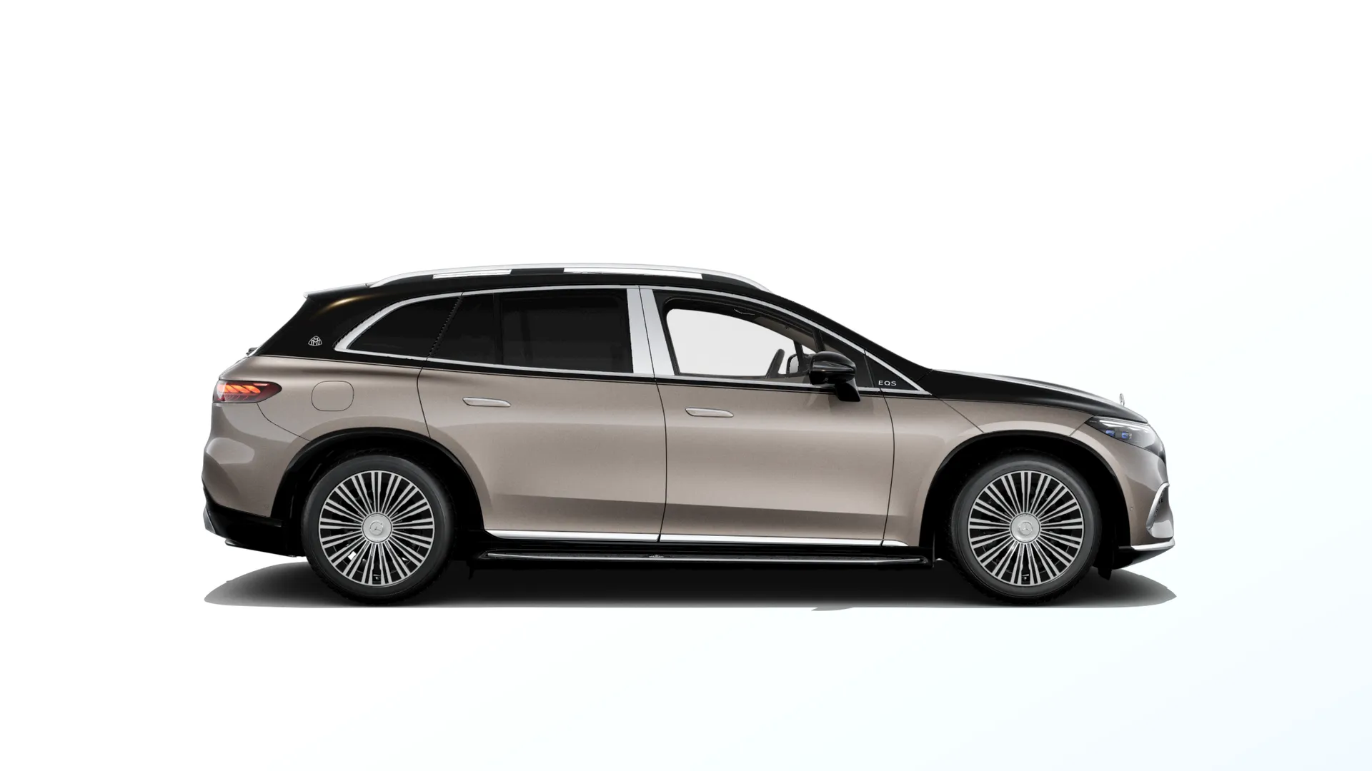 Mercedes-Maybach EQS SUV (Z296), Ozdobné výplně interiéru Exclusive, Dvoubarevné metalické lakování Maybach - hnědá velvet/černá onyx, side