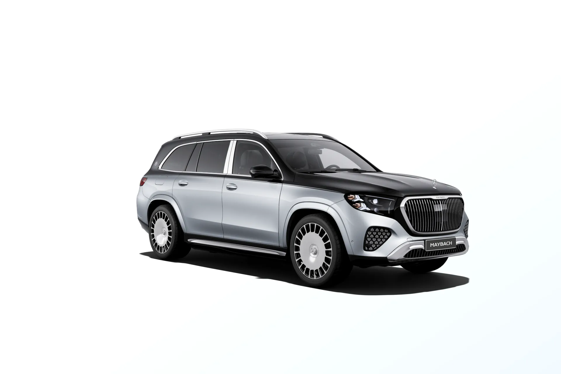 Mercedes-Maybach GLS (X167-fl2), Ozdobné výplně interiéru Exclusive, Dvoubarevné metalické lakování Maybach - stříbrná high-tech/černá obsidian, front