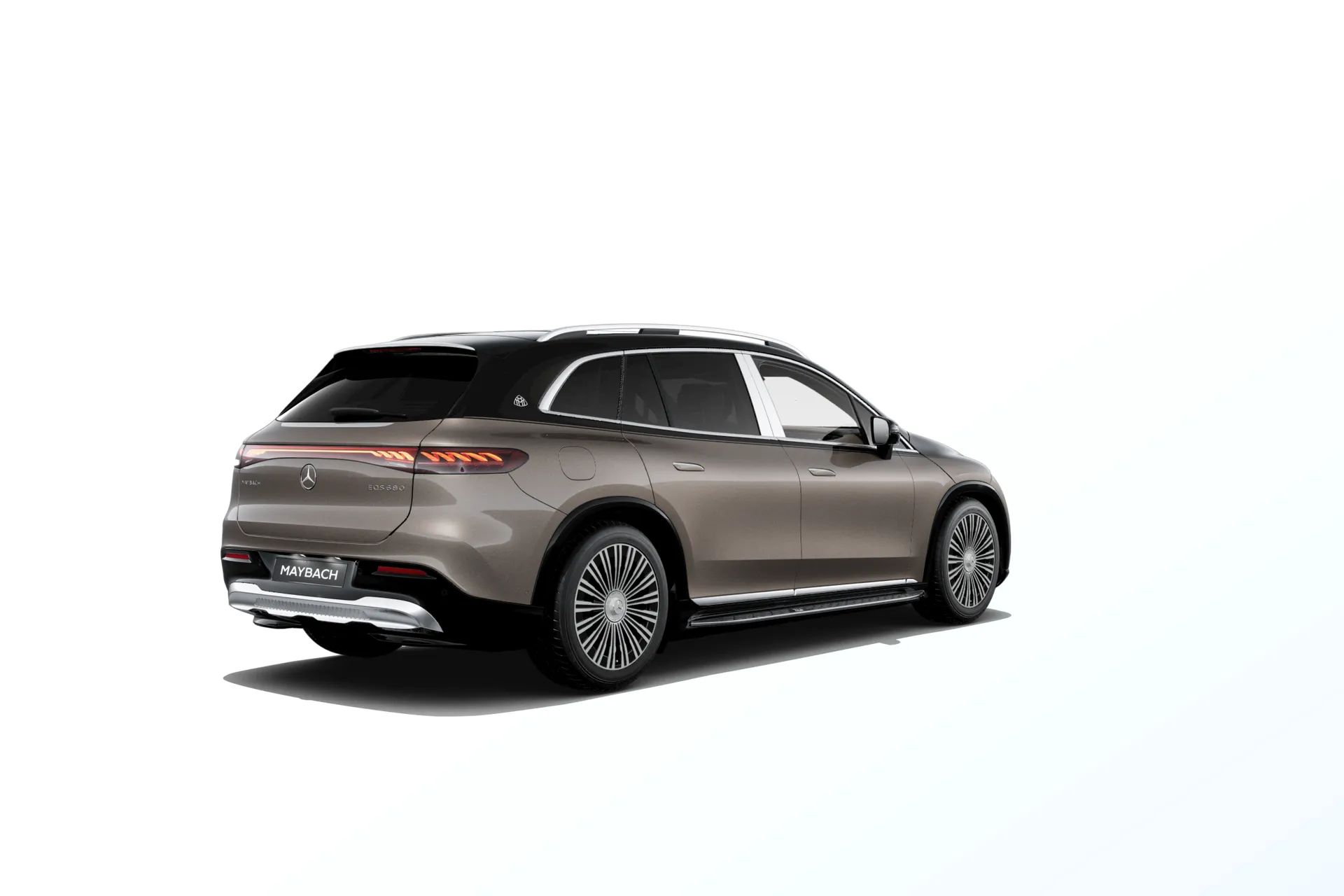 Mercedes-Maybach EQS SUV (Z296), Ozdobné výplně interiéru Exclusive, Dvoubarevné metalické lakování Maybach - hnědá velvet/černá onyx, rear