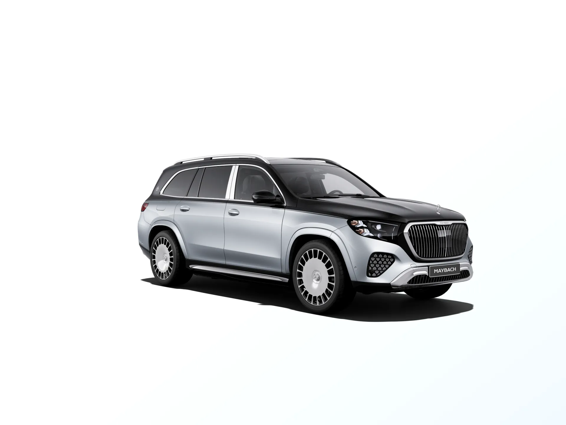 Mercedes-Maybach GLS (X167-fl2), Ozdobné výplně interiéru Exclusive, Dvoubarevné metalické lakování Maybach - stříbrná high-tech/černá obsidian, front